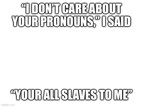 Blank White Template | “I DON’T CARE ABOUT YOUR PRONOUNS,” I SAID; “YOUR ALL SLAVES TO ME” | image tagged in blank white template | made w/ Imgflip meme maker