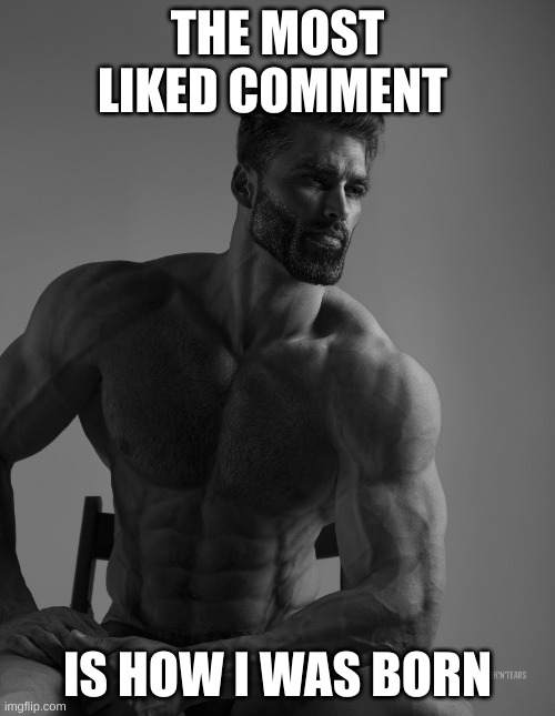 comment the most crazy s*it | THE MOST LIKED COMMENT; IS HOW I WAS BORN | image tagged in giga chad | made w/ Imgflip meme maker
