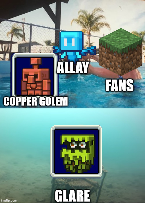 Minecraft Mob Vote 2021 | ALLAY; FANS; COPPER GOLEM; GLARE | image tagged in swimming pool kids | made w/ Imgflip meme maker