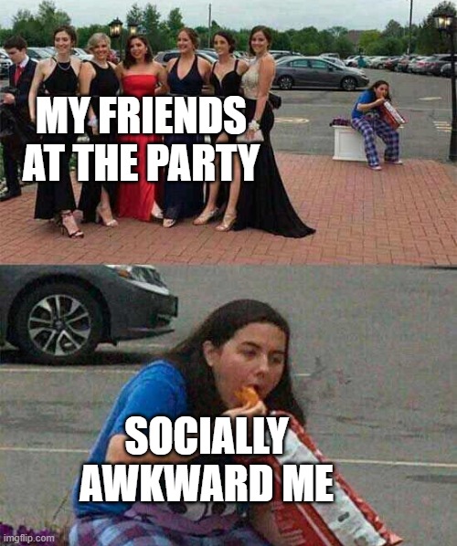 Socially Awkward | MY FRIENDS AT THE PARTY; SOCIALLY AWKWARD ME | image tagged in girl eating chips | made w/ Imgflip meme maker