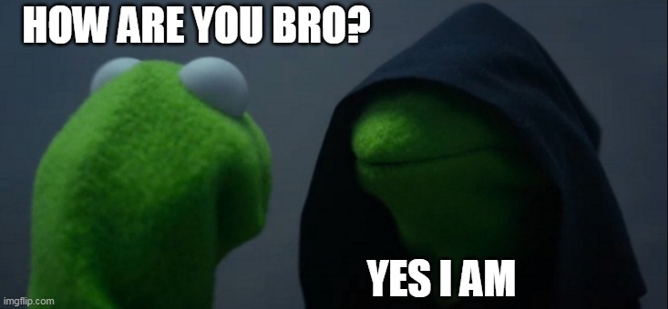 Yes I am | HOW ARE YOU BRO? YES I AM | image tagged in memes,evil kermit | made w/ Imgflip meme maker
