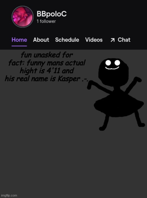 nO oNe A- | fun unasked for fact: funny mans actual hight is 4'11 and his real name is Kasper .-. | image tagged in twitch template | made w/ Imgflip meme maker