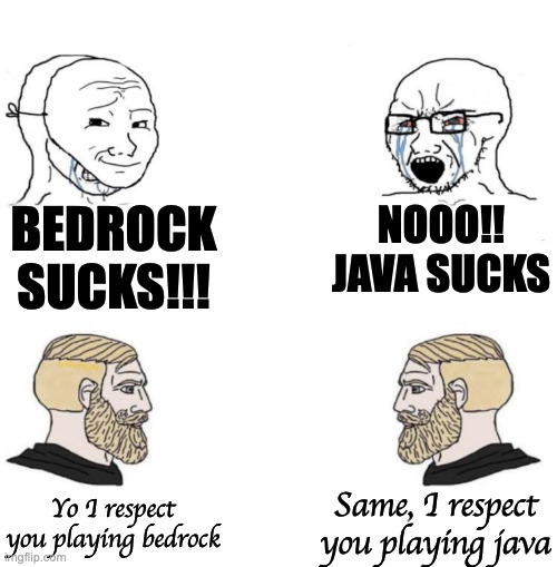 True minecrafters respect all versions | BEDROCK SUCKS!!! NOOO!! JAVA SUCKS; Same, I respect you playing java; Yo I respect you playing bedrock | image tagged in chad we know | made w/ Imgflip meme maker