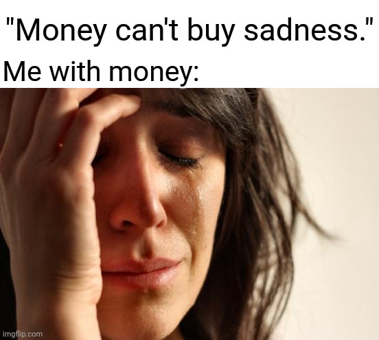 Sadness | "Money can't buy sadness." Me with money: | image tagged in memes,first world problems,money,blank white template,funny,sadness | made w/ Imgflip meme maker