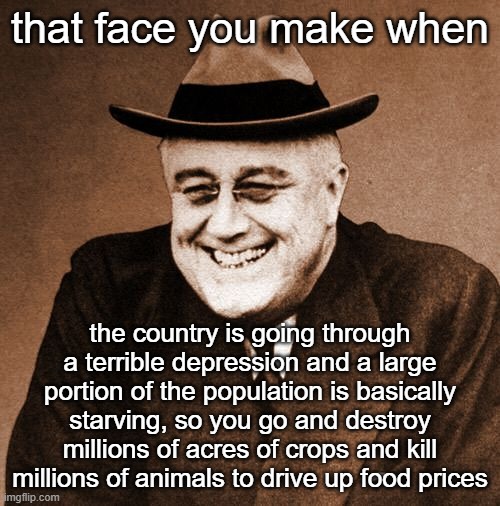 FDR sucks sucks SUCKS!!! | that face you make when; the country is going through a terrible depression and a large portion of the population is basically starving, so you go and destroy millions of acres of crops and kill millions of animals to drive up food prices | image tagged in fdr laughing | made w/ Imgflip meme maker