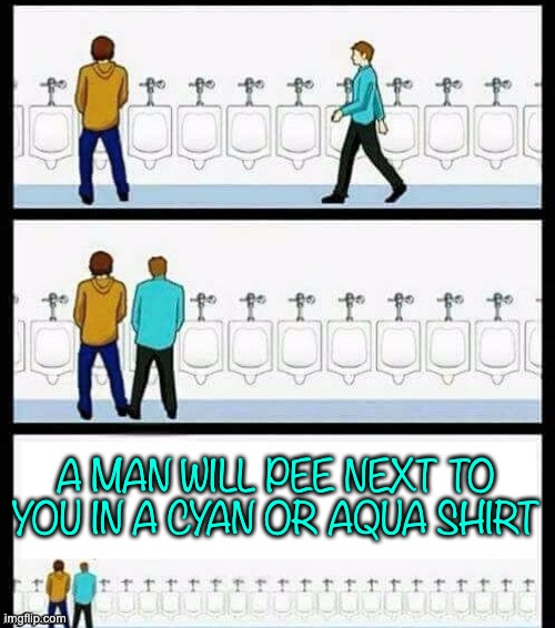 !!!!!! | A MAN WILL PEE NEXT TO YOU IN A CYAN OR AQUA SHIRT | image tagged in urinal guy more text room | made w/ Imgflip meme maker