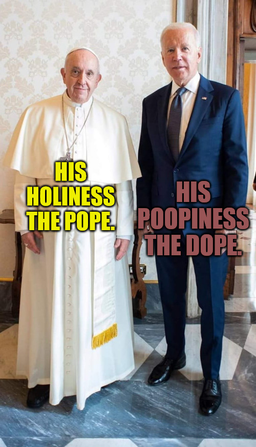 Pope and Dope | HIS POOPINESS THE DOPE. HIS HOLINESS THE POPE. | image tagged in pope francis,joe biden | made w/ Imgflip meme maker