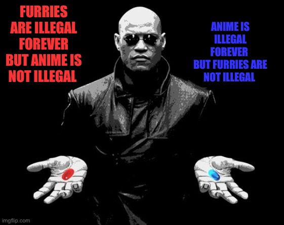 Choose one | ANIME IS ILLEGAL FOREVER 
BUT FURRIES ARE NOT ILLEGAL; FURRIES ARE ILLEGAL FOREVER BUT ANIME IS NOT ILLEGAL | image tagged in morpheus matrix blue pill red pill | made w/ Imgflip meme maker