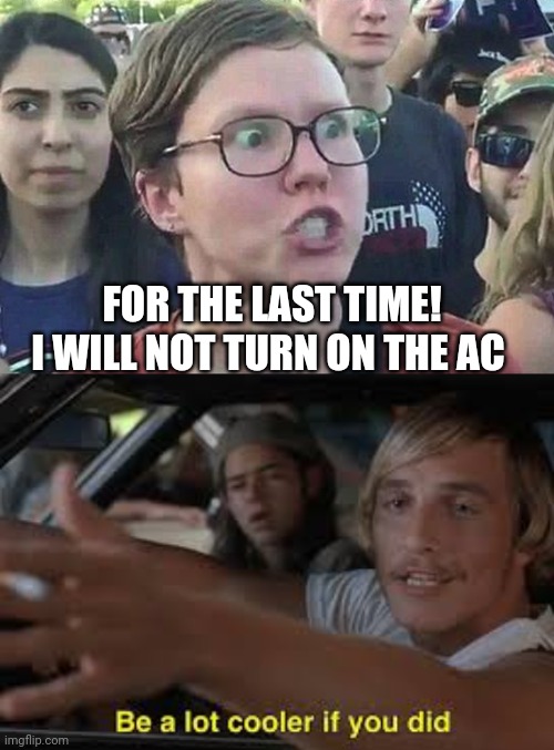 Literally | FOR THE LAST TIME! I WILL NOT TURN ON THE AC | image tagged in triggered liberal,be a lot cooler if you did | made w/ Imgflip meme maker
