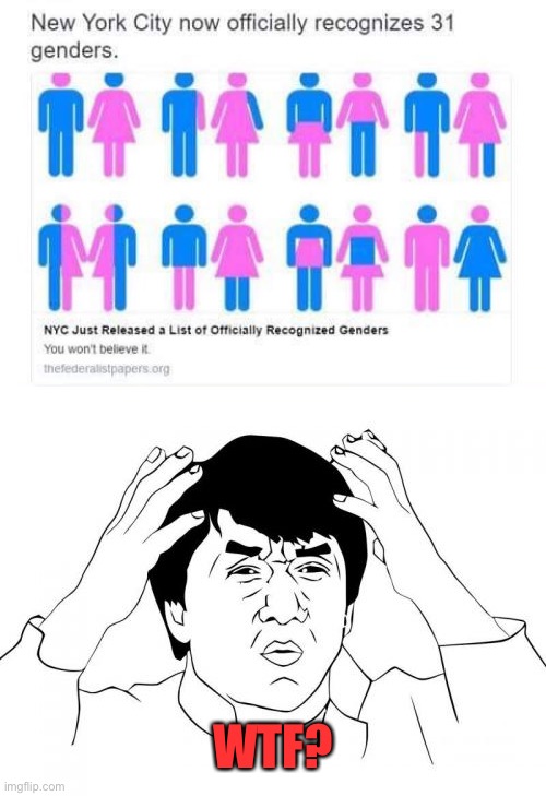 31 genders? Best I can do is 2 | WTF? | image tagged in memes,jackie chan wtf,gender,politics | made w/ Imgflip meme maker