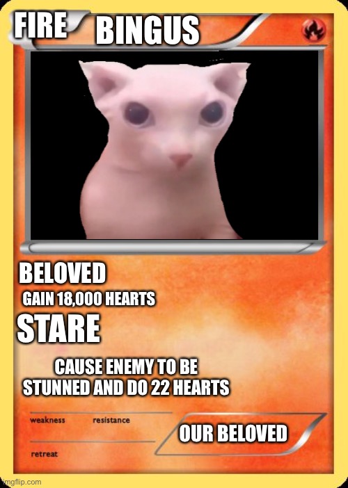 Bingus Pokémon card | FIRE; BINGUS; BELOVED; GAIN 18,000 HEARTS; STARE; CAUSE ENEMY TO BE STUNNED AND DO 22 HEARTS; OUR BELOVED | image tagged in pokemon,cat | made w/ Imgflip meme maker