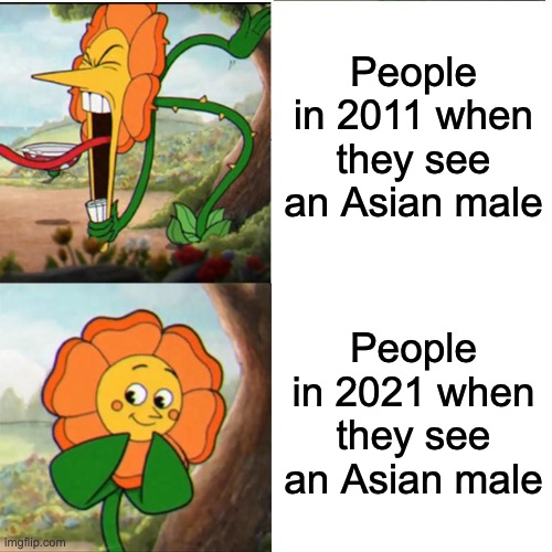 Blame Squid Game and BTS | People in 2011 when they see an Asian male; People in 2021 when they see an Asian male | image tagged in cuphead flower | made w/ Imgflip meme maker