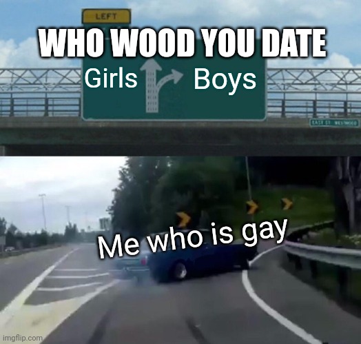 Bruh I'm gay | WHO WOOD YOU DATE; Girls; Boys; Me who is gay | image tagged in memes,left exit 12 off ramp | made w/ Imgflip meme maker