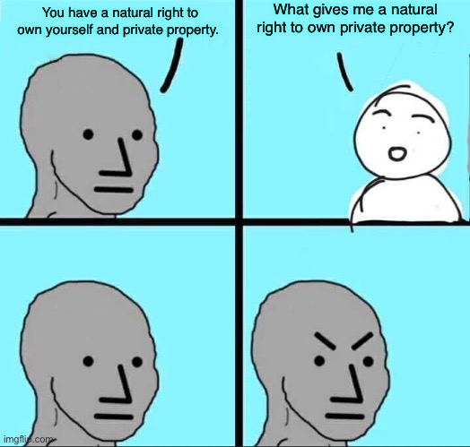 Libertarian logic | What gives me a natural right to own private property? You have a natural right to own yourself and private property. | image tagged in npc meme,libertarian,libertarianism,capitalism,private property,conservative logic | made w/ Imgflip meme maker