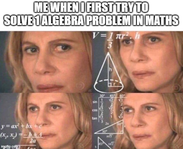 (Visible confusion) | ME WHEN I FIRST TRY TO SOLVE 1 ALGEBRA PROBLEM IN MATHS | image tagged in math lady/confused lady,memes,math,lol,oh wow are you actually reading these tags | made w/ Imgflip meme maker