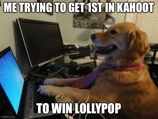 Dog behind a computer | ME TRYING TO GET 1ST IN KAHOOT; TO WIN LOLLY POP | image tagged in dog behind a computer | made w/ Imgflip meme maker