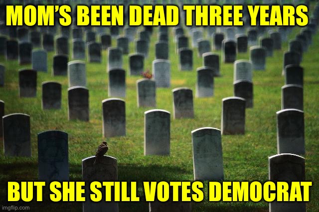 graveyard cemetary | MOM’S BEEN DEAD THREE YEARS BUT SHE STILL VOTES DEMOCRAT | image tagged in graveyard cemetary | made w/ Imgflip meme maker