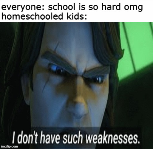  everyone: school is so hard omg
homeschooled kids: | image tagged in i dont have such weaknesses | made w/ Imgflip meme maker