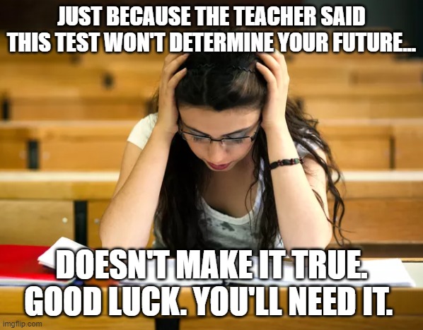 Demotivator | JUST BECAUSE THE TEACHER SAID THIS TEST WON'T DETERMINE YOUR FUTURE... DOESN'T MAKE IT TRUE. GOOD LUCK. YOU'LL NEED IT. | image tagged in school meme | made w/ Imgflip meme maker