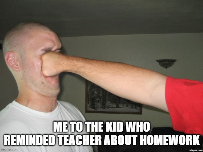 dont remind her or die |  ME TO THE KID WHO REMINDED TEACHER ABOUT HOMEWORK | image tagged in face punch | made w/ Imgflip meme maker