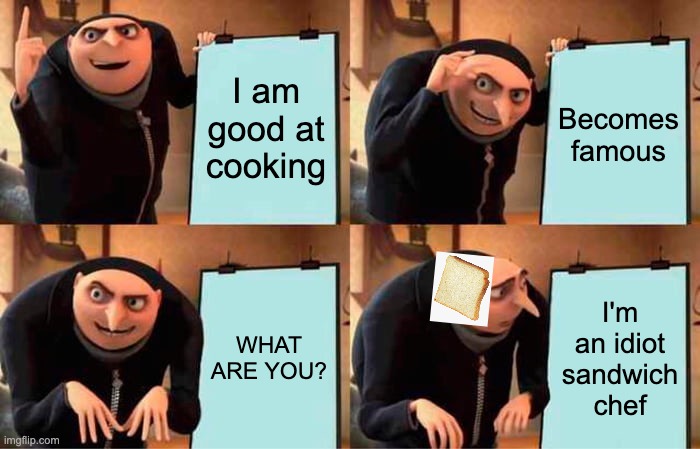 WHAT ARE YOU? | I am good at cooking; Becomes famous; WHAT ARE YOU? I'm an idiot sandwich chef | image tagged in memes,gru's plan | made w/ Imgflip meme maker