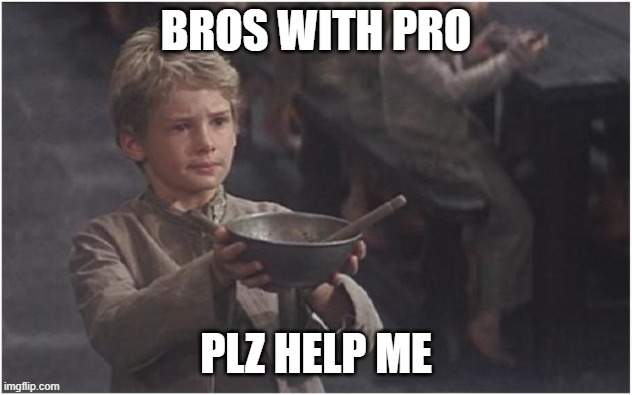 plz | BROS WITH PRO; PLZ HELP ME | image tagged in oliver twist please sir | made w/ Imgflip meme maker