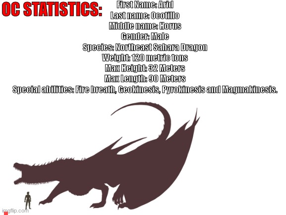 boom character | OC STATISTICS:; First Name: Arid
Last name: Ocotillo
Middle name: Horus
Gender: Male
Species: Northeast Sahara Dragon
Weight: 120 metric tons
Max Height: 32 Meters
Max Length: 90 Meters
Special abilities: Fire breath, Geokinesis, Pyrokinesis and Magmakinesis. | image tagged in my oc | made w/ Imgflip meme maker