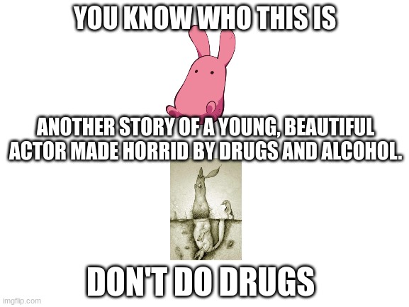 Blank White Template | YOU KNOW WHO THIS IS; ANOTHER STORY OF A YOUNG, BEAUTIFUL ACTOR MADE HORRID BY DRUGS AND ALCOHOL. DON'T DO DRUGS | image tagged in blank white template | made w/ Imgflip meme maker