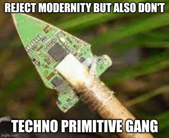 reject modernity but also dont techno primitive gang | REJECT MODERNITY BUT ALSO DON'T; TECHNO PRIMITIVE GANG | made w/ Imgflip meme maker