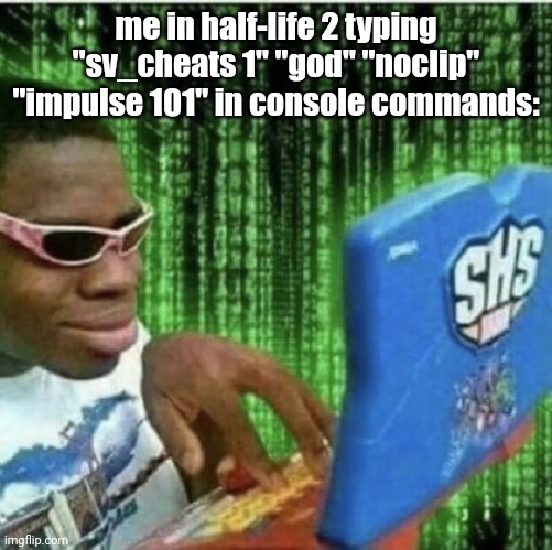 Ryan Beckford | me in half-life 2 typing "sv_cheats 1" "god" "noclip" "impulse 101" in console commands: | image tagged in ryan beckford | made w/ Imgflip meme maker