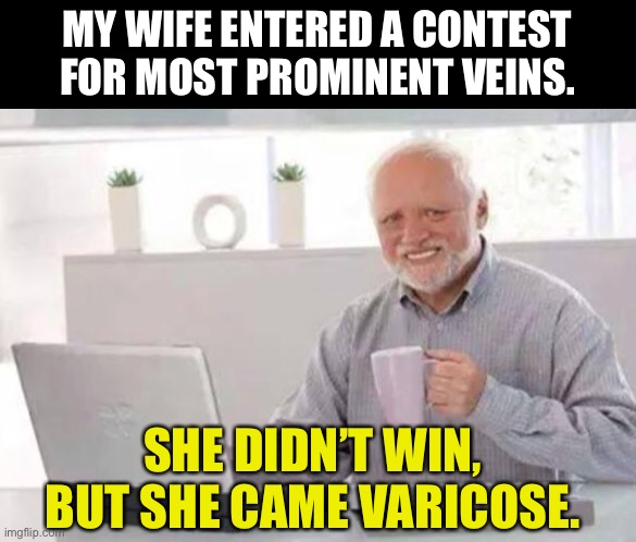 Veins | MY WIFE ENTERED A CONTEST FOR MOST PROMINENT VEINS. SHE DIDN’T WIN, BUT SHE CAME VARICOSE. | image tagged in harold | made w/ Imgflip meme maker