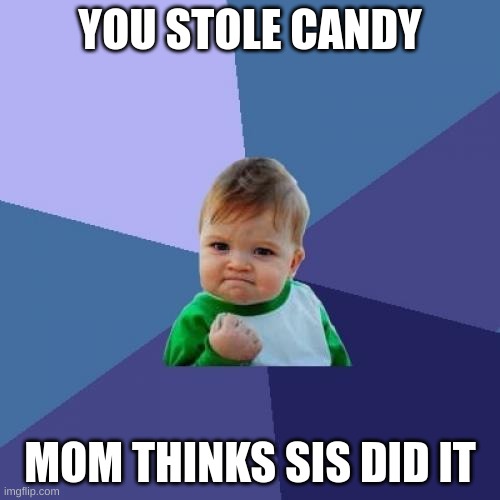 Success Kid | YOU STOLE CANDY; MOM THINKS SIS DID IT | image tagged in memes,success kid | made w/ Imgflip meme maker