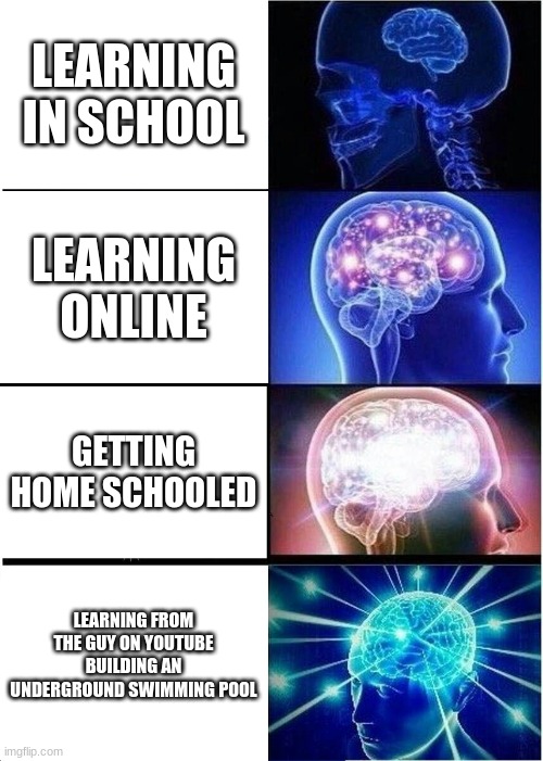 Expanding Brain | LEARNING IN SCHOOL; LEARNING ONLINE; GETTING HOME SCHOOLED; LEARNING FROM THE GUY ON YOUTUBE BUILDING AN UNDERGROUND SWIMMING POOL | image tagged in memes,expanding brain | made w/ Imgflip meme maker