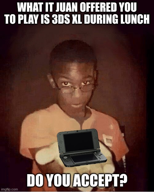 do you accept? | WHAT IT JUAN OFFERED YOU TO PLAY IS 3DS XL DURING LUNCH; DO YOU ACCEPT? | made w/ Imgflip meme maker