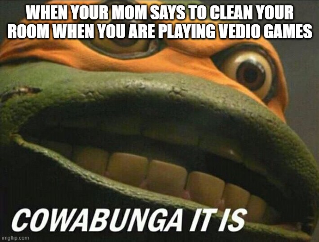 Cowabunga it is | WHEN YOUR MOM SAYS TO CLEAN YOUR ROOM WHEN YOU ARE PLAYING VEDIO GAMES | image tagged in cowabunga it is | made w/ Imgflip meme maker