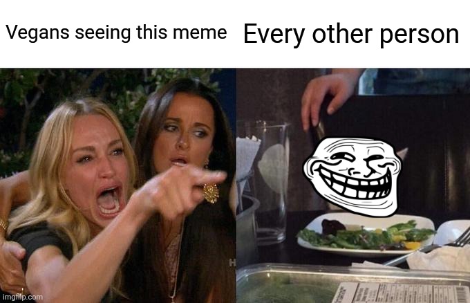 Woman Yelling At Cat Meme | Vegans seeing this meme Every other person | image tagged in memes,woman yelling at cat | made w/ Imgflip meme maker