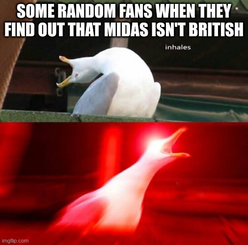 Fortnite meme | SOME RANDOM FANS WHEN THEY FIND OUT THAT MIDAS ISN'T BRITISH | image tagged in inhaling seagull | made w/ Imgflip meme maker