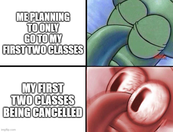 No school? | ME PLANNING TO ONLY GO TO MY FIRST TWO CLASSES; MY FIRST TWO CLASSES BEING CANCELLED | image tagged in sleeping squidward | made w/ Imgflip meme maker