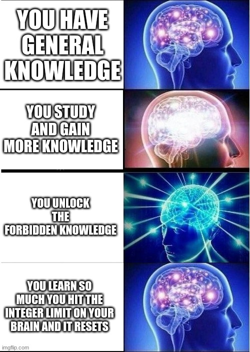 When You Study A Bit To Hard |  YOU HAVE GENERAL KNOWLEDGE; YOU STUDY AND GAIN MORE KNOWLEDGE; YOU UNLOCK THE FORBIDDEN KNOWLEDGE; YOU LEARN SO MUCH YOU HIT THE INTEGER LIMIT ON YOUR BRAIN AND IT RESETS | image tagged in expanding brain 3 panels,knowledge | made w/ Imgflip meme maker