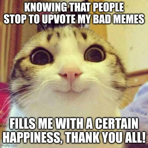 Smiling Cat Meme | KNOWING THAT PEOPLE STOP TO UPVOTE MY BAD MEMES; FILLS ME WITH A CERTAIN HAPPINESS, THANK YOU ALL! | image tagged in memes,smiling cat | made w/ Imgflip meme maker