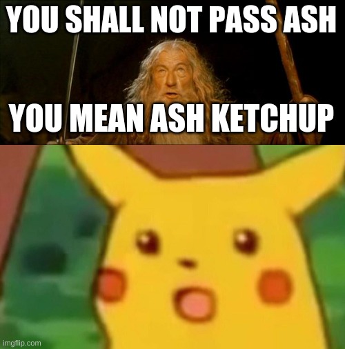 NONONONONONNONNONONONONONONONONONONO | YOU SHALL NOT PASS ASH; YOU MEAN ASH KETCHUP | image tagged in gandalf you shall not pass,memes,surprised pikachu,funny memes,ash ketchum | made w/ Imgflip meme maker