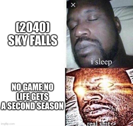 i sleep real shit | (2040) SKY FALLS; NO GAME NO LIFE GETS A SECOND SEASON | image tagged in i sleep real shit | made w/ Imgflip meme maker