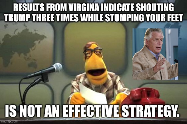 Muppet News Flash | RESULTS FROM VIRGINA INDICATE SHOUTING TRUMP THREE TIMES WHILE STOMPING YOUR FEET; IS NOT AN EFFECTIVE STRATEGY. | image tagged in muppet news flash | made w/ Imgflip meme maker