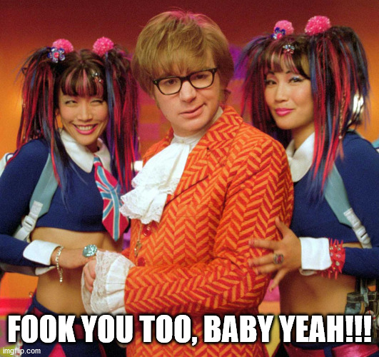 Kinky Powers | FOOK YOU TOO, BABY YEAH!!! | image tagged in austin powers' twin sandwich,austin powers and the fook twins,austin powers menage a trois | made w/ Imgflip meme maker