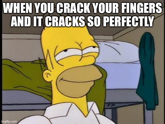 Aaaaayup | WHEN YOU CRACK YOUR FINGERS AND IT CRACKS SO PERFECTLY | image tagged in homer satisfied | made w/ Imgflip meme maker