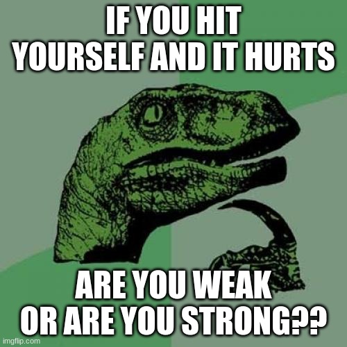 Philosoraptor | IF YOU HIT YOURSELF AND IT HURTS; ARE YOU WEAK OR ARE YOU STRONG?? | image tagged in memes,philosoraptor | made w/ Imgflip meme maker