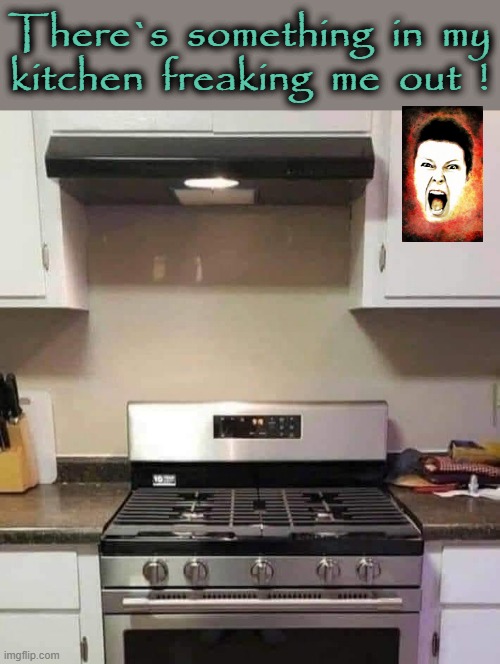 Kitchen contortions | There`s  something  in  my
kitchen  freaking  me  out  ! | image tagged in freaking out | made w/ Imgflip meme maker