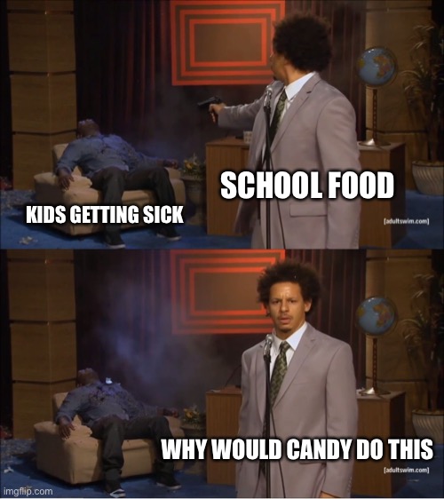 Who Killed Hannibal Meme | SCHOOL FOOD; KIDS GETTING SICK; WHY WOULD CANDY DO THIS | image tagged in memes,who killed hannibal | made w/ Imgflip meme maker