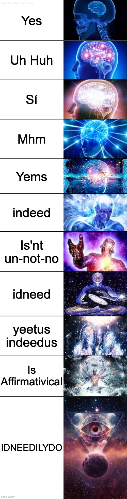 Idneedilydo | Yes; Uh Huh; Sí; Mhm; Yems; indeed; Is'nt un-not-no; idneed; yeetus indeedus; Is Affirmativical; IDNEEDILYDO | image tagged in 11-tier expanding brain | made w/ Imgflip meme maker
