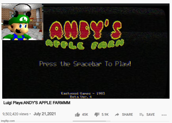 Luigi Plays:ANDY'S APPLE FARMMM |  Luigi Plays:ANDY'S APPLE FARMMM; July 21,2021 | image tagged in weegeepie,luigi plays,andy's apple farm | made w/ Imgflip meme maker
